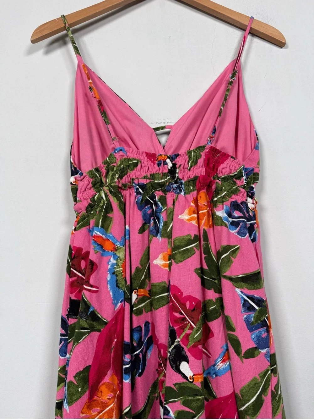 By The River Pink Tropical Palm Bird Print Midi Dress, Size L Great Condition